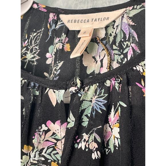 Rebecca Taylor Black Silk Floral Bouquet Keyhole Neck Long Sleeve Top Size 8 - Picture 3 of 11